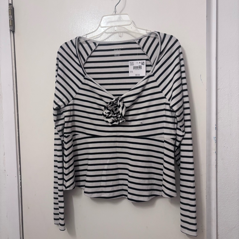 American Eagle Outfitters Black and White Striped Long-Sleeve Top with Rosette